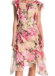 Walter Baker Dress 2 XS Midi Floral Chiffon Ruffle Tan Womens Flowy Spring Midi