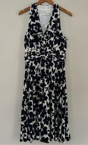 Evan Picone Black Blue White Floral Ruffle Midi Dress Size 14