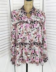 Jane and Delancey Floral Ruffle Trim Tiered High Low Tunic Blouse Pink Black