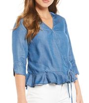 Cremieux Berkeley Denim Wrap Ruffle Hem Top Blue NWT Size XS