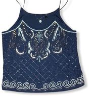 embellished beaded navy flowy tank top