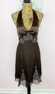 Signature by Robbie Bee Silk Satin Gauze Embroidered Halter Dress Brown 6P