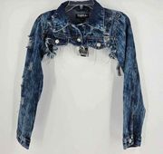 New THRILL Jeans Cropped Denim Jean Distressed Destroyed Dark Wash Jacket Sz M