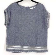 Sigrid Olsen Women's Linen Chambray White Embroidered Trim Top Blue Size XS