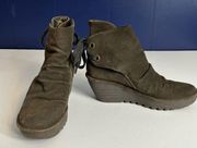 Fly London Yama Suede Wedge Ankle Bootie Olive Army Green Size 39