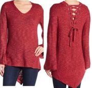 NWT Womens Democracy Berry Back Lace Up Asymmetrical Bell Sleeve Knot Sweater S