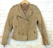 MNG Mango Suede Leather Moto Jacket Women XS Tan Beige Gold Hardware Biker FLAWS