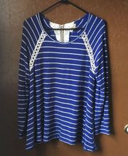 LACE TRIM WAFFLE KNIT BLUE STRIPED FLOWY BLOUSE