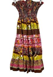 Shes Cool Womens Y2K Cotton Boho Mixed Print Smocked Strapless Dress Size S