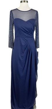 Alex Evenings Women's Formal Dress Size 6 Blue Beaded 3/4 Sleeve Long Gown