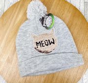 Pugs Gear Reversible Sequins Meow Cat Head Pom Pom Knit Beanie Hat Gray