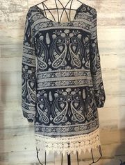 Rue21 blue and white lace graphic dress open sleeves knee length size large​​