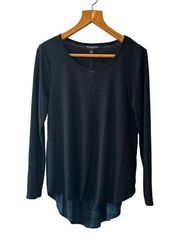 Sharagano Black Lightweight High Lo Sweater-Navy & Green Plaid Back—Size Medium