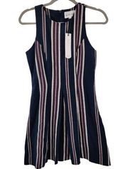 Olive & Oak Navy maroon  gold and white striped crew neck pleated dress XS