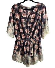 Umgee Size Medium Romper Bell Sleeves Lace Floral Tie Waist Boho Faux Wrap