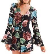 Bardot Amelia chiffon lace up rose print bell-sleeve romper size 6