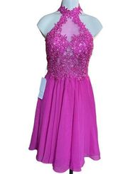 NWT JJ's House Dress 2 Pink Chiffon Lace Halter Pleated Wedding Formal Beaded