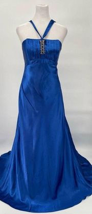 Vintage Jessica McClintock Gunne Sax Blue Satin Crystal Halter Neck Gown Small