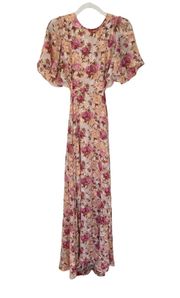 the Label Katrina Floral Cutout Flutter Sleeve Maxi Dress Taupe Fuchsia