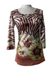 Cache White Brown Animal Stripe Floral Beaded Ruched Y2K Jersey Size Large