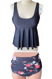 NWT ~ BEACHSISSI 2 Pc. Black Floral Tankini Bikini Swimsuit ~ Womens Size MEDIUM