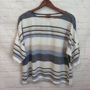 Chico’s linen horizontal stripe blue white tan short sleeve top 2 large 12