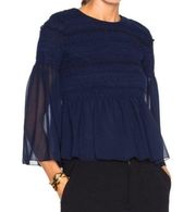 See By Chloé NWT Sheer Sleeve Ruffle Peplum Cropped Blouse Top Navy Blue Size 8