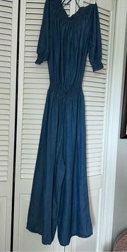 Kaiser wide leg chambray jumpsuit on/ off shoulder size medium