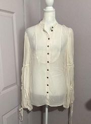 Allsaints Sheer Ivory Ruffle Silk Long Sleeve Button Down Blouse