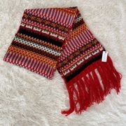 NWT Large Red Printed Knit Scarf with Fringe