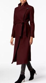 Kenneth Cole Stand Collar Belted Wrap Wool Blend Maxi Coat in Burgundy Sz 14 NWT