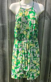 Rebecca Taylor 2 Silk Mini Dress XS Green Garden Floral Sleeveless Flutter