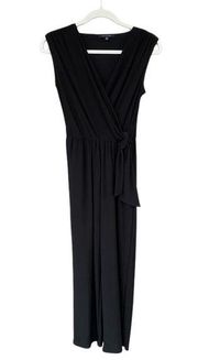 Black Surplice V-neck Straight Leg Jumpsuit Tie Waist XS