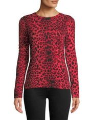 Neiman Marcus Cashmere Collection Red Leopard Print Crewneck Sweater