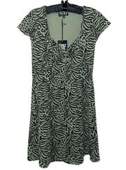 Poof New York Animal Print Sage Green Front Tie Cap Sleeve Mini T-shirt Dress S