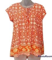 Orange Floral Patterned Cap Sleeve Top Size Medium