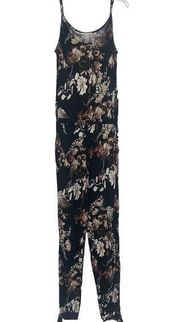 Lascana Venus Floral Print Jumpsuit Black Slit Tie Ankle Legs Drawstring Size L