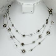 Chico's Triple Strand Silver Tone Beaded Wire Necklace