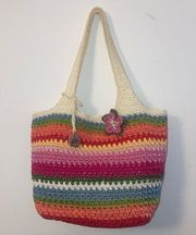 THE SAK Off White, Green, Pink, Red, & Blue Striped Crocheted Shoulder Bag Purse