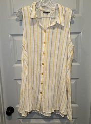 White/Yellow/Blue Striped Sleeveless Button Up Tunic Top 2X