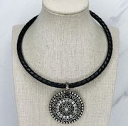 Chico's Black Braided Collar Rhinestone Studded Silver Tone Pendant Necklace