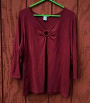 One Step Up Women's Top V-Neck 3/4 Sleeve Pullover Red Burgundy‎ Size 3X