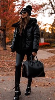 Black Faux Leather Fur Collar Belted Hem Puffer Moto Jacket