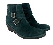 Fly London 41 Ankle Booties Womens 10 Teal Green Wedge Leather Buckle Zip Perz