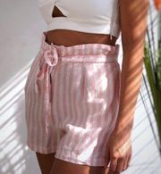 Cynthia Rowley pink striped high waist linen paperbag shorts size medium