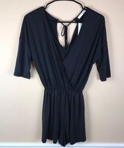 NWT Lush Women’s Faux Wrap Open Tie Back Half Sleeve Charcoal Gray Romper