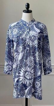 J McLaughlin Blue White Floral Print Band Collar Tunic L