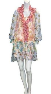 Beulah Style Floral Print Ruffle Tiered Long Sleeve Dress Pink Blue Size Large N