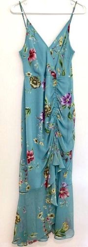 ASTR THE LABEL Floral Ruched Maxi Dress Blue Multi Sleeveless Party Wedding Y2K