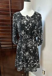 Esmara Womens Blouson Dress Black Floral Lined Midi Scoop Neck Long Sleeve M New